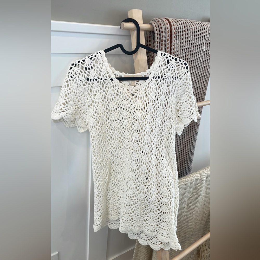 Michael Kors White Crochet Short Sleeve Top